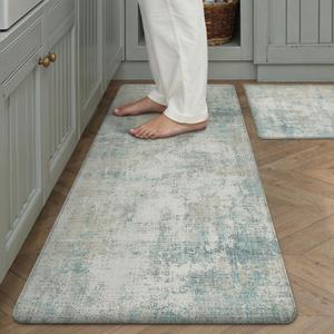 Kitchen Mats for Floor Set of 2 Anti Fatigue Waterproof Kitchen Rug Blue Cream Abstract Cushioned Non-Slip Kitchen Mats Comfort Standing Neutral Mat for Sink Laundry Office 17.3"47"+17.3"30"