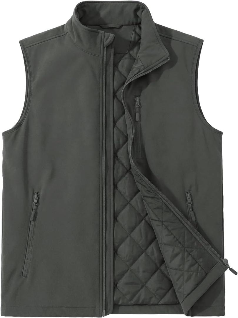 ASPO Men's Windproof Warm Golf Vest Outerwear with 6 Pockets Waterproof Winter Softshell Sleeveless Puffer Jacket for Hiking (Large, Dark Grey)