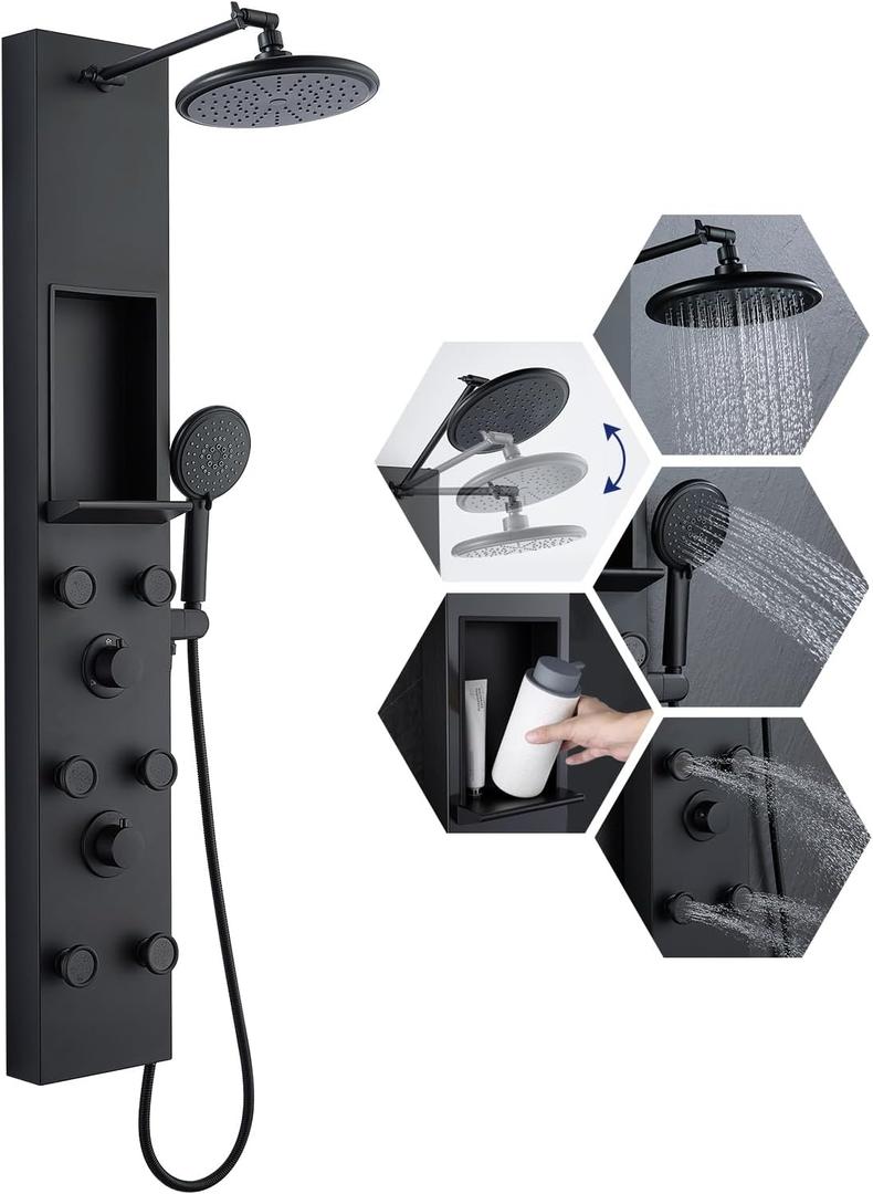 ROVATE Shower Panel Tower System with Shelf & 6 Body Jets, Matte Black