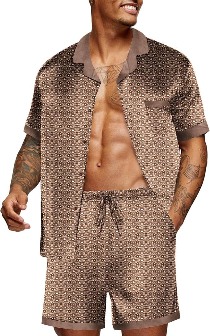 Ekouaer Men Satin Silk Pajamas Set with Pockets Sleepwear Shorts Satin Summer Loungewear 2 Piece Button Down Set S-3XL (Brown, L)