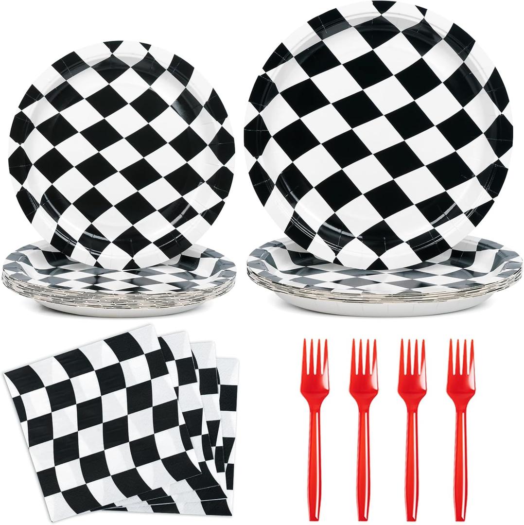 DECORLIFE 96Pcs Checkered Flag Party Supplies, Black and White Checkered Plates and Napkins Sets Serve 24, Race Car Birthday Party Decorations for Boys Birthday