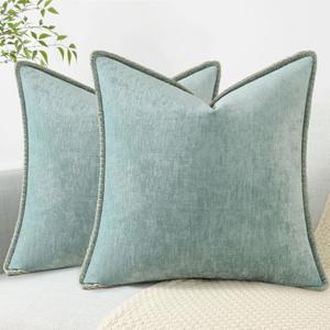 decorUhome Chenille Soft Throw Pillow Covers 18x18 Set of 2, Farmhouse Velvet Neutral Decorative Pillow Covers with Stitched Edge for Couch Sofa Bed Home Decor, Aqua Haze
