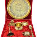 NOBILITY Brass Pooja Thali Set with Red Gift Box 6 Inch Pital Plate Kalash Spoon Chandan Wati Dhup Dan Kuber Diya Ghanti Puja Arti Thali for Diwali Home Office Mandir Wedding Return Gifts