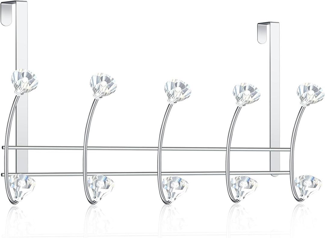 Over The Door Towel Hooks with Crystal Knobs, 10 Hook Heavy Duty Doors Hanger Rack for Bathroom, No Drill Slim Over Door Organizer for Bedroom Closet, Holds Coats Towels Robes Bags Purse (Silvery)