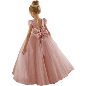 JISISANG Flower Girls Lace Cap Sleeve Dress for Wedding Puffy Tulle Back V-Neck Pageant Prom Ball Gown with Bow (6, Dusty Rose)