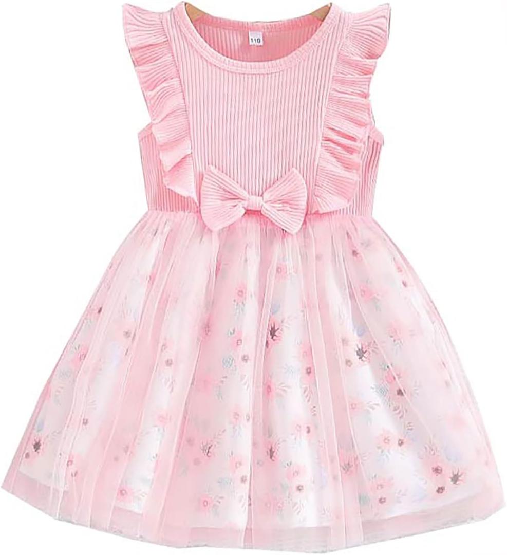 Baby Girl Tulle Dress Ruffle Sleeveless Toddler Sundress Girls Floral Tutu Princess Dresses for Wedding Birthday Party (Pink)