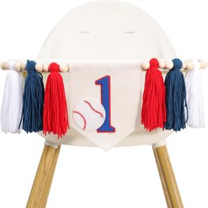Baseball First Birthday Tassel High Chair Banner - Blue, 8x12 inches, Standard Banner with Clip Mount, Decor for Indoor Birthday Parties