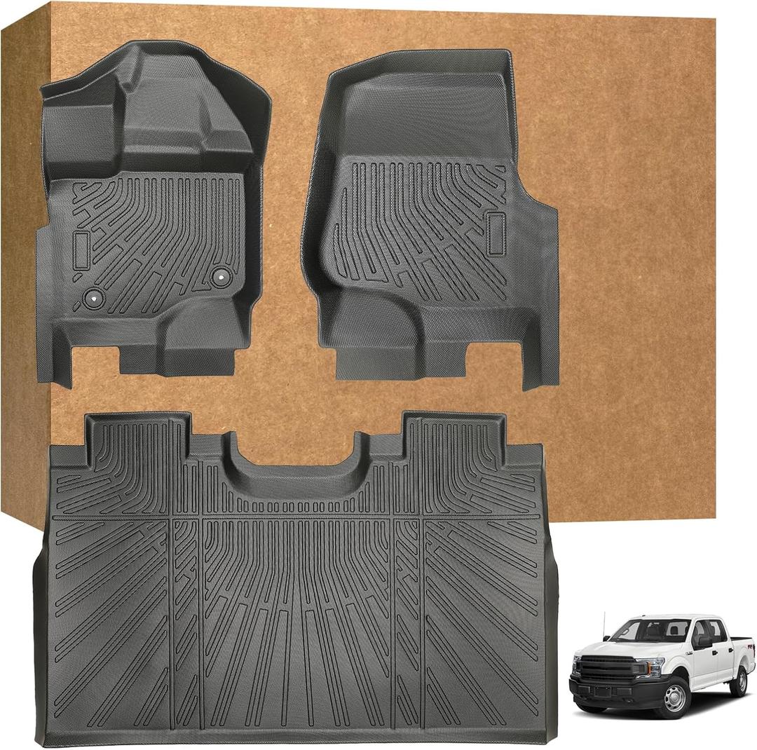 Floor Mats for Ford F-150 SuperCrew Cab 20152025 and F-150 Lightning 20222025 (Only Fit Models Without Rear Under-Seat Fold-Flat Storage), TPE All Weather Waterproof Non-Slip Custom Fit Liners