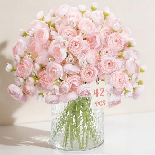 Alupssuc 42Pcs Ranunculus Artificial Flowers Faux Silk Mini Ranunculus, Spring Flowers Artificial Indoor for DIY Bouquets, Bulk Fake Wedding Filler Flowers for Bride Shower Decorations, Shabby Blush