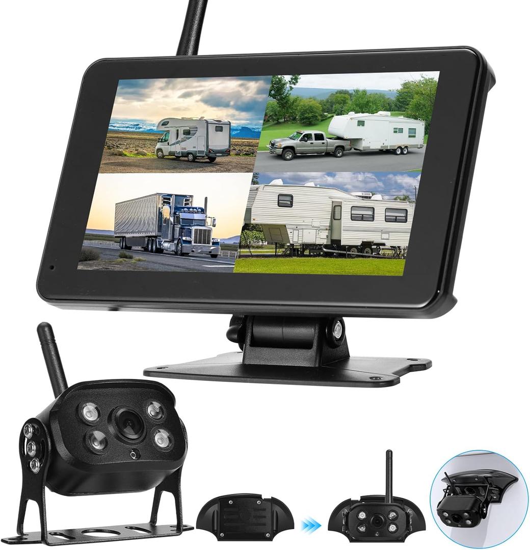 Wireless Backup Camera for Truck with AI Alarm, RV Bluetooth Backup Camera Night Vision Back up Camera IP69 Waterproof Reverse Rear View Cam with 7" HD 1080P Monitor for Trailer Camper Car