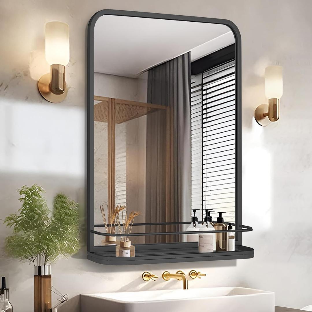 Bathroom Mirror with Shelf for Shaving, 15.7x23.6 Inch Wall-Mounted Rectangle Metal Mirror with Storage, Matte Black Vanity Mirror with Rounded Corners for Over Sink, Decor(Black/15.7x23.6 in)