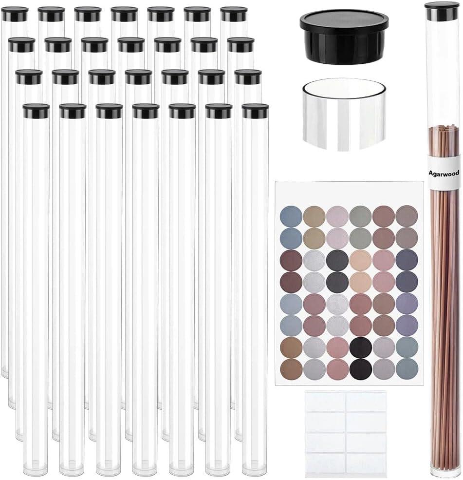 AHANDMAKER 50Pcs Clear Plastic Tube with Black lid Incense Storage Tube Transparent Plastic Tubes Clear Bead Containers with 10 Sheets Label Stickers for 8-10 inch Incense Sticks, Preserves Aroma