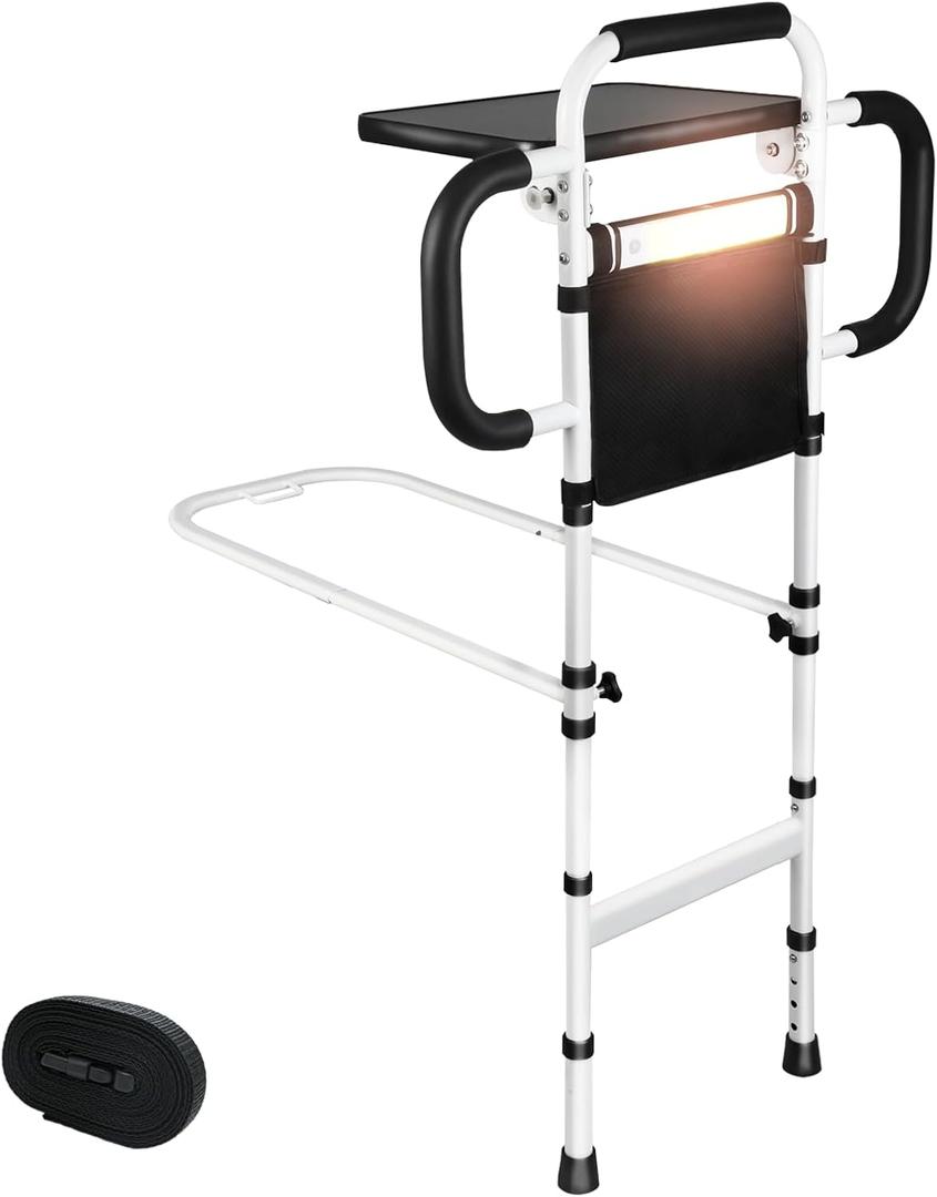 Bed Rails for Elderly Adults Safety with Foldable Tray & Motion Sensor Light, Adjustable Height Bed Assist Bar with 3 Handles, 350 lbs Capacity Bedside Support Rail, Easy to Install