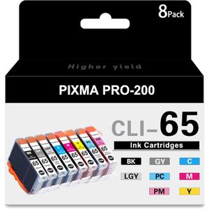 CLI-65 Ink Cartridges 8PK (1BK, 1C, 1M, 1Y, 1PM, 1PC, 1GY, 1LGY) Compatible Replacement for Canon CLI-65 Ink Cartridge to use with PIXMA PRO-200 Printer