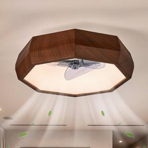 22″ Low Profile Wooden Ceiling Fan with Lights, Retro Walnut Wood Grain Bladeless Ceiling Fan Light, 3 Color Dimmable LED Chandelier Fans for Farmhouse Bedroom
