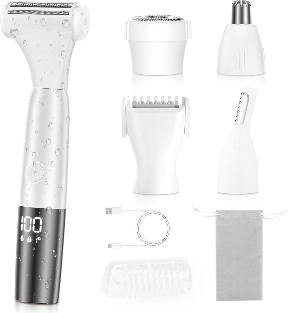 5 in 1 Bikini Trimmer for Women - Electric Razors for Women, Cordless Rechargeable Electric Shaver, IPX7 Waterproof Wet Dry Lady Body Hair Remover for Face Nose Eyebrow Arm Leg Pubic Armpit Bikini