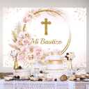 Lofaris Mi Bautizo Backdrop God Bless Ceremony Boho Floral Pampas Grass Gold Ring First Holy Communion Golden Glitter Baptism Photography Background Party Decoration Banner Photo Booth Prop 7x5ft