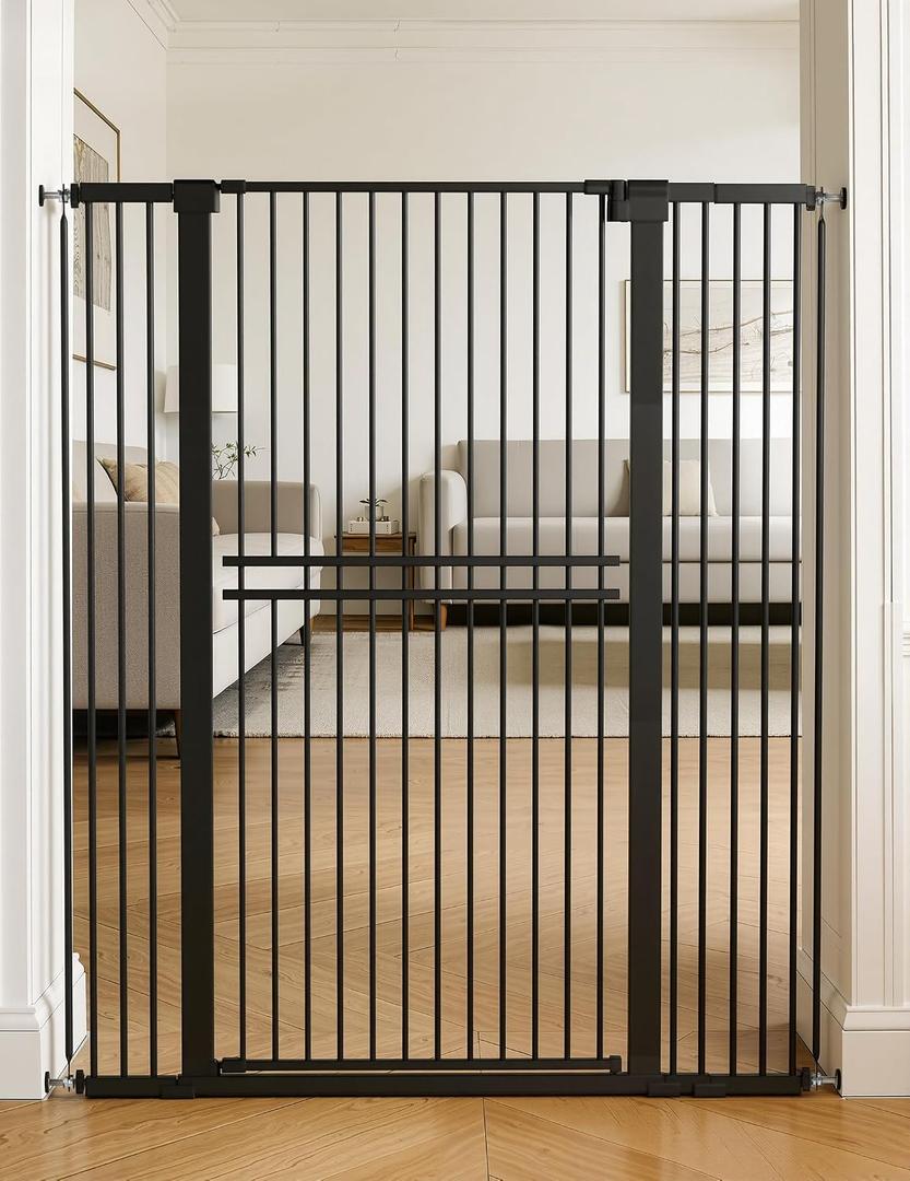 No Pawblems 55" Extra Tall Pet Gate for Cat/Dog, 31.5-48" Wide Auto Close Tall Cat Gate with 25.6" Wide Walk-Thru Door Opening, 1.37" Ultra Narrow Spacing, NO Drilling Pressure Mounted, Black