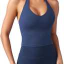 Trendy Queen Womens Halter Tank Tops Workout Impact Longline Strappy Top Padded Deep V Neck Wrap Gym Backless Bra Camisole, Medium