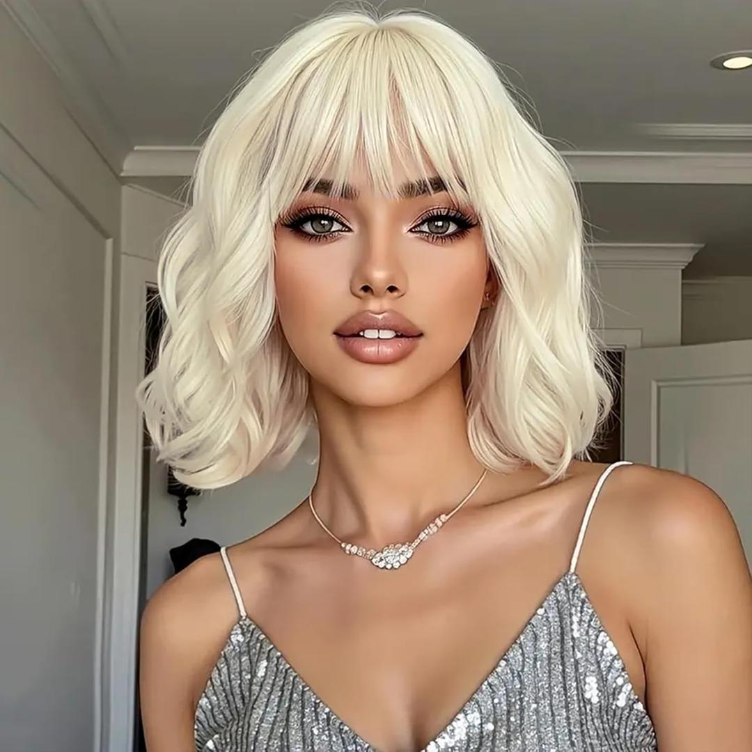 BATISI Light Blonde Wavy Wig with Bangs Soft Short Bob Wigs for Women Synthetic Shoulder Length Women's Curly Wigs for Costumes Cosplay Daily (14 Inch)
