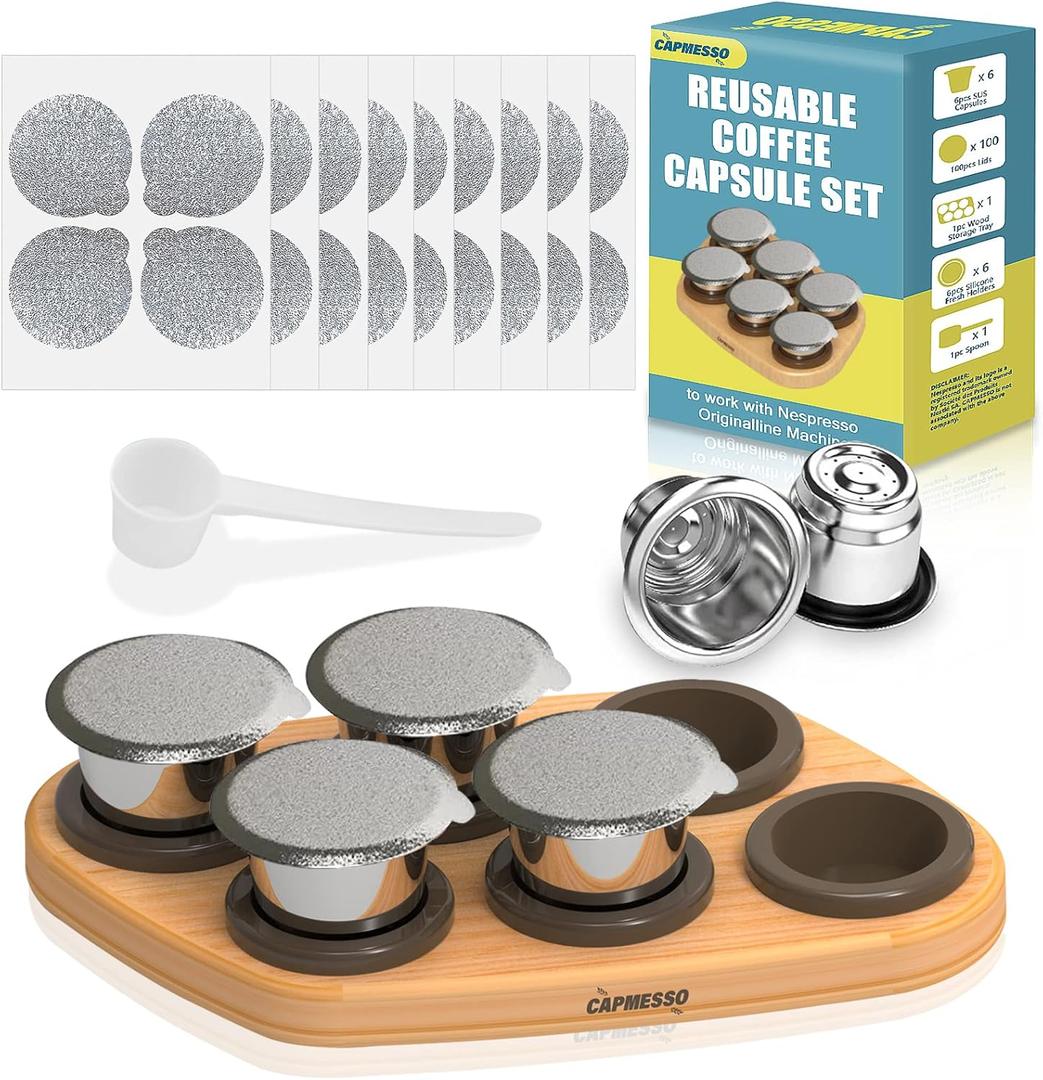 CAPMESSO Reusable Capsules for Nespresso OriginalLine, 6pcs Nespresso Refillable Pods Stainless Steel Coffee Pods Compatible with Nespresso Originaline Machine(6 Pods+100 Lids+ Wood Storage Tray)