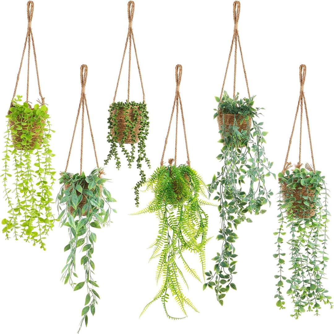Giegxin 6 Set Mini Hanging Artificial Plant with Woven Basket Boho Fake Plants Ivy Faux Vines Eucalyptus Leaf for Indoor Home Wall Living Room Bathroom Shelf Decor (Artificial Hanging Plants)
