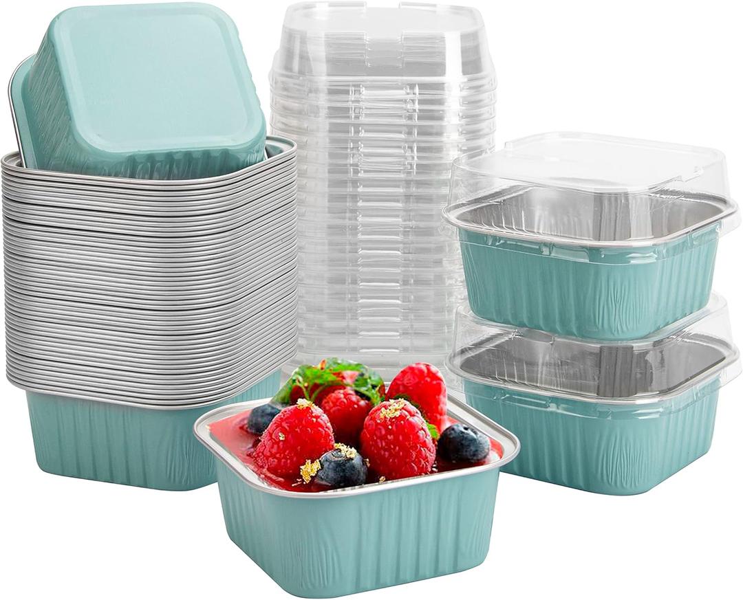 50 Pcs Mini Square Baking Cups with Lids, 5oz Aluminum Foil Mini Cake Pans with Lids, Disposable Ramekins Cake Pans, 150ml Dessert Cups Cupcake Pans for Wedding Birthday Party, Blue