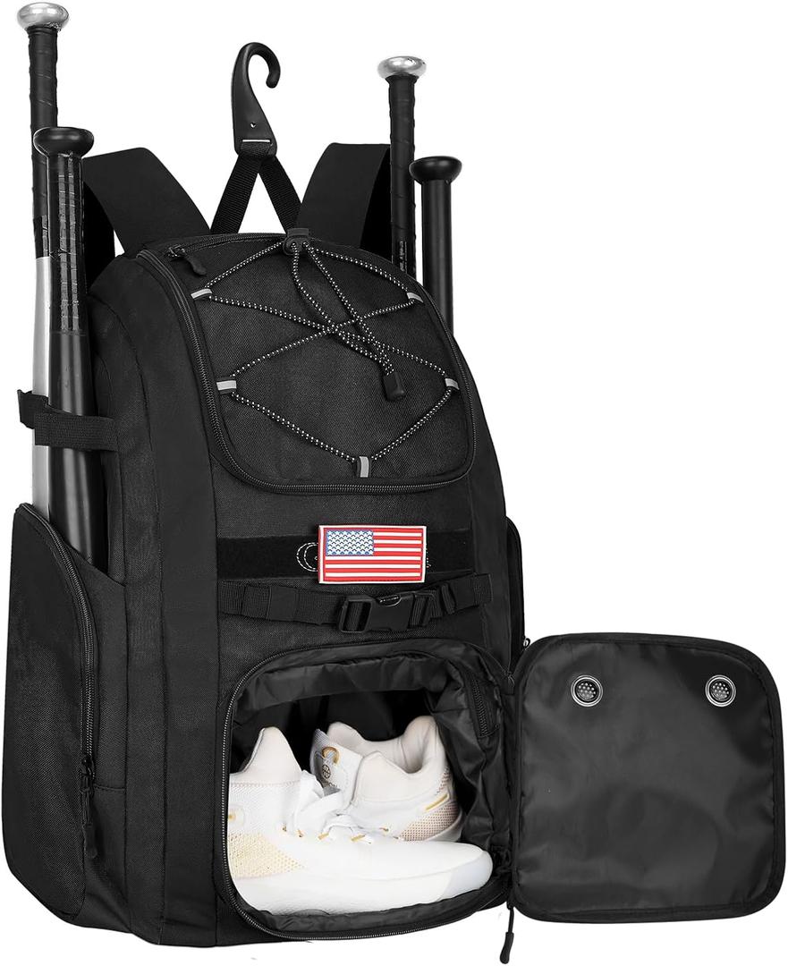 Goloni Baseball Bag, 60L Capacity Softball bag Holds 4 Bats for Youth & Adult, Baseball Bat Backpack with Shoes Compartment,Helmet Holder,Fence for Hook T-Ball, Softball Equipment, Baseball Gear (Black)