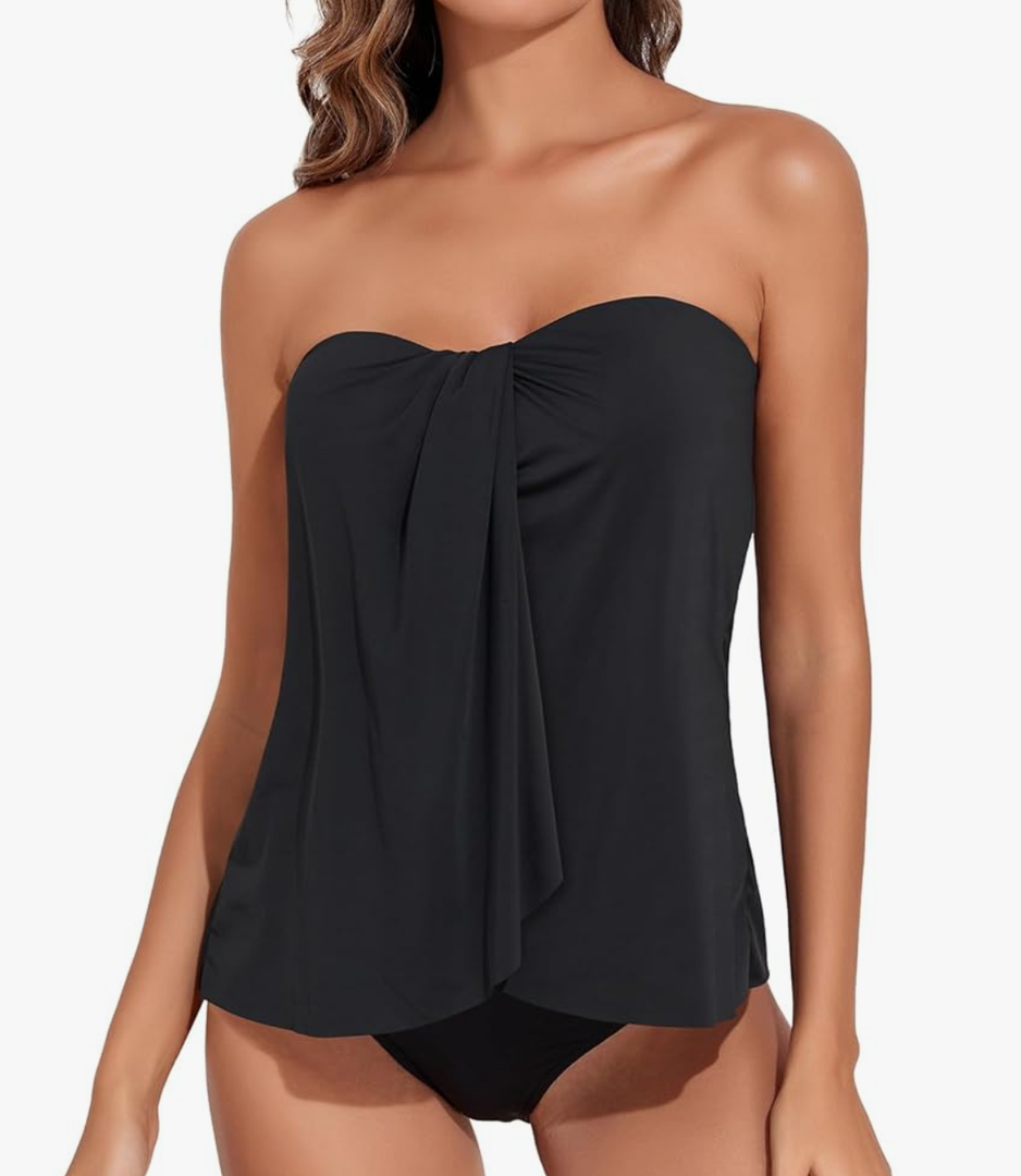 Tempt Me Black Two Piece Tankini Bathing Suits for Women Halter Bandeau Swim Top with Bottom Flyaway Tummy Control Swimsuit XXL