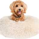 Calming Donut Dogs Beds for Small Dogs Washable,23inch Plush Round Pet Bed for Cozy Sleep,Fluffy Faux Fur Large Cat Bed,Fits up to 25 lbs Pets,Beige
