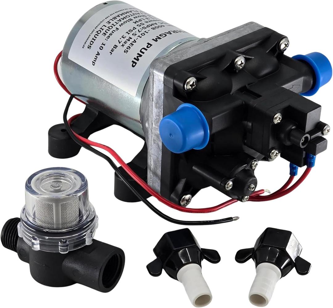 RV Water Pump 4008-101-A65/E65 | 3.0 GPM - 55 PSI | 12V Camper RV Water Pump | On Demand Diaphragm | Quiet & Smooth Operation | Self Priming | Quick Attach Fitting | 1 Pump + 1 Strainer