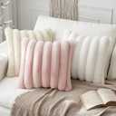 EMEMA Pack of 2 Faux Fur Throw Pillow Covers 18x18 Inch Luxury Soft Fluffy Striped Decorative Pillow Covers with Velvet Back for Home Decor Living Room Sofa Couch Beige