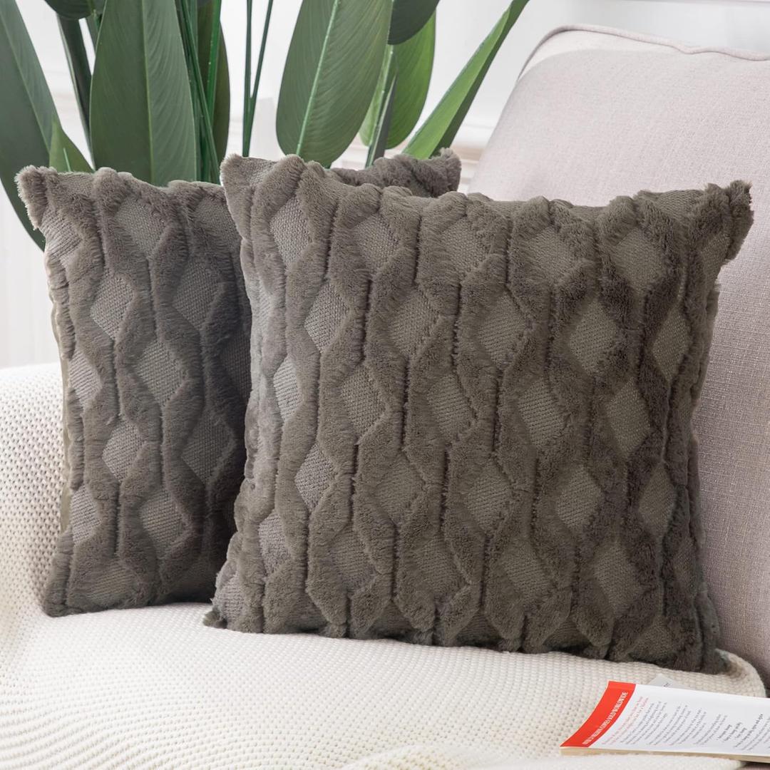 MADIZZ Set of 2 Soft Plush Short Wool Velvet Decorative Throw Pillow Covers 20x20 inch Dark Taupe Square Luxury Style Cushion Cases Pillow Shell for Sofa Bedroom (20" x 20" (Pack of 2), Dark Taupe)