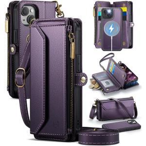 Strapurs for iPhone 15 Detachable Wallet Case Compatible with Magsafe for Women, RFID Blocking 9-Card Holder Zipper Wrist Strap Lanyard PU Leather Magnetic Phone Case for iPhone 15 6.1", Purple