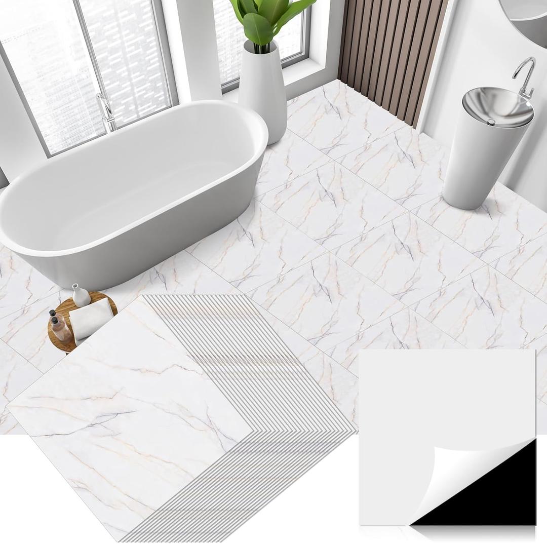 Spiareal 48 Pieces Peel and Stick Floor Tiles Vinyl Flooring 12 x 12 Inch Stick on Floor Tile Self Adhesive Waterproof DIY for Bathroom Kitchen Bedroom Living Room(Stylish)