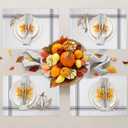 Fall Placemats Thanksgiving White Pumpkin Leaf Branch Tablemats for Dinner Table Gray Stripes Autumn Table Mats for Thanksgiving Day Holiday Cotton Linen Washable Set of 6