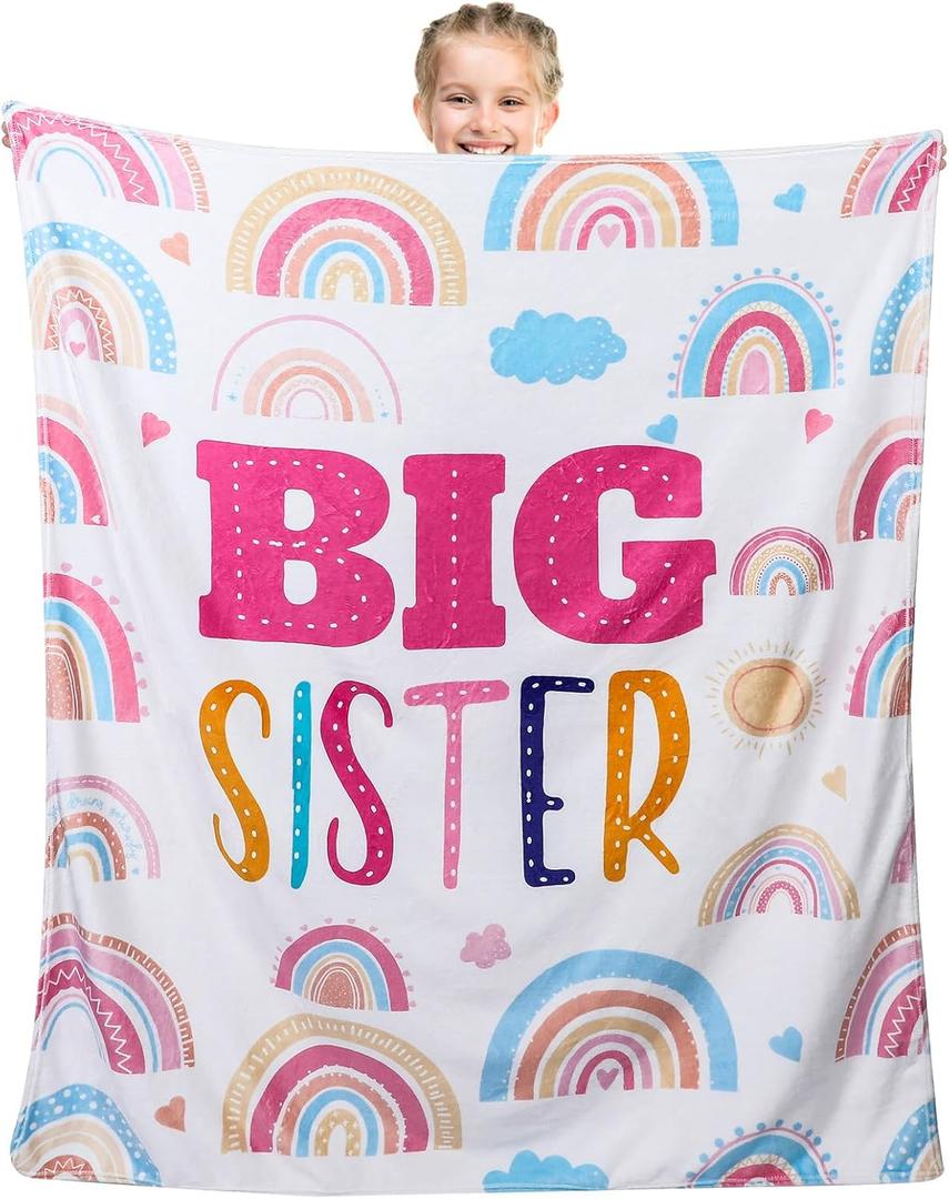 Buryeah 60" x 50" Sisters Gift Big Sister Blanket Soft Warm Flannel Throw Blanket Pastel Rainbow Sis to Be Announcement New Big Sis Gift for Baby Shower Birthday Party Supplies