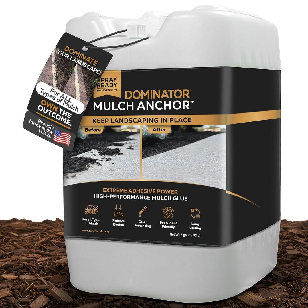 Dominator Mulch Anchor 5 Gallon - Mulch Glue for Landscaping | Mulch Glue Spray for Rubber Mulch, Wood Chips, Pine Straw, Cedar & Cypress | Ready to Spray Heavy Duty Landscape Glue (EXP 12/31/36)