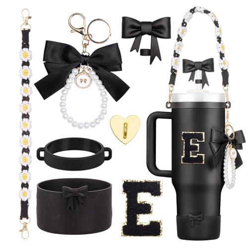 Rabrgab 7Pcs Black Stanley Cup Accessories for 40Oz 30Oz 20Oz, Women Teen Girls Gifts, Stanley Tumbler Cup Decoration with Straw Topper, Bow Charm, Silicone Boot, Handle Strap, Letter Sticker E