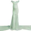 Women Maternity Dress for Photography Mermaid Off Shoulder Slim Fitted Chiffon Gown Flowy Baby Shower Maxi Photo Props Dress (Green, One Size)
