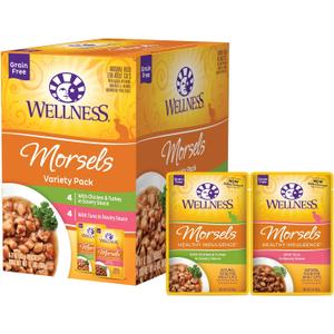 Wellness Healthy Indulgence Morsels Variety Pack Adult Wet Cat Food, Natural, Protein Rich, Grain Free, 2 Flavors, 3 oz, Pack of 8 Pouches (EXP 11/30/27)