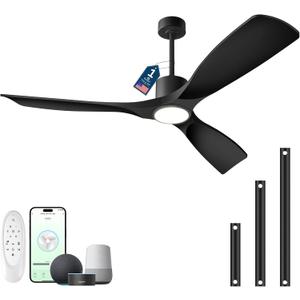 Modern Smart Ceiling Fan with Light and Remote Control, 52 inch Black 3 Blade for Bedroom, Living Room and Patios