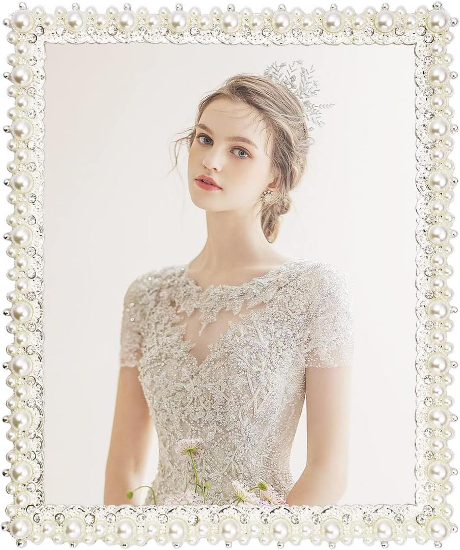 DIKAR 8x10 Wedding Picture Frame, Pearls Diamond Picture Frame for Metal Frame with Glass Front