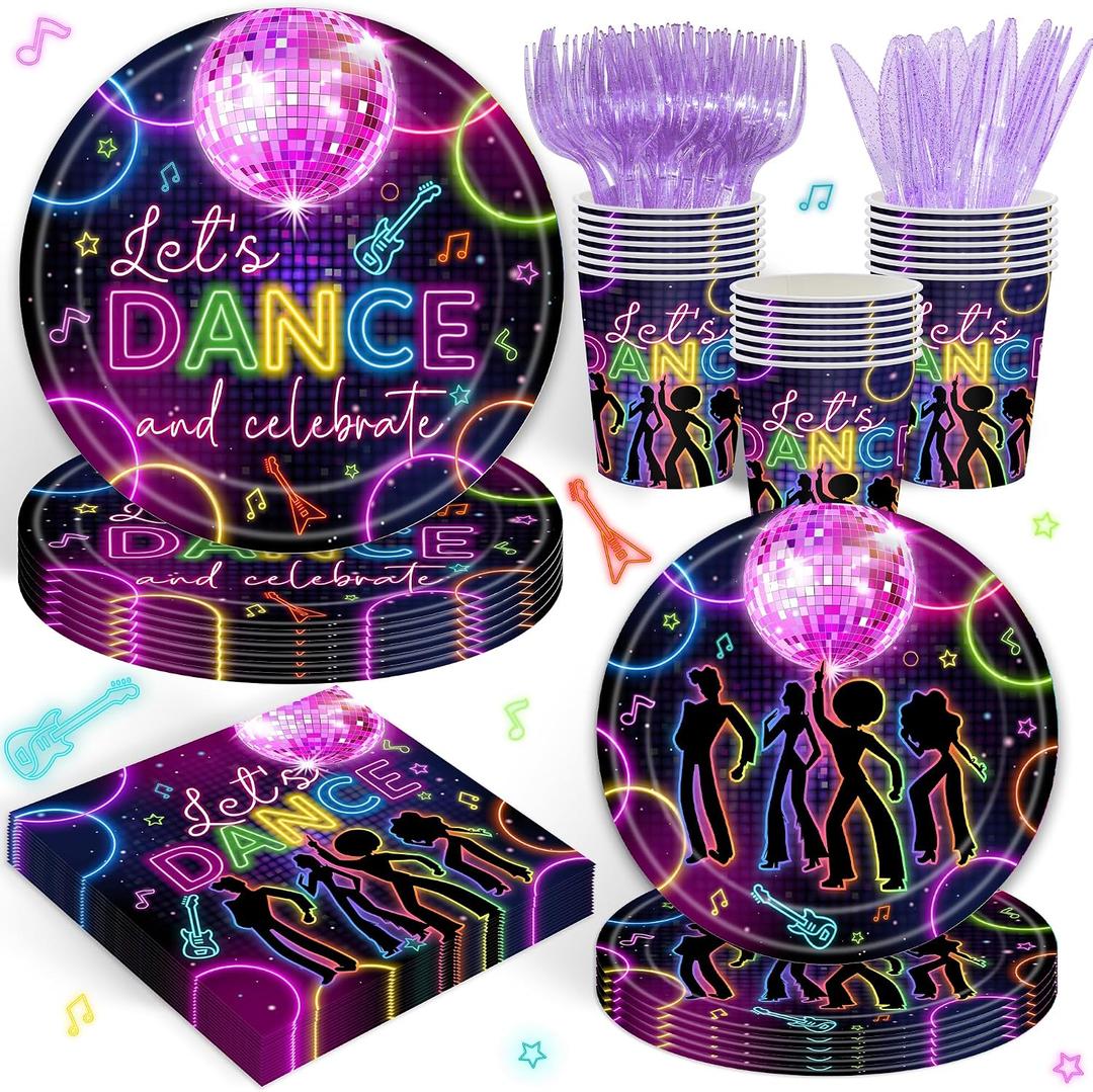 2 x 120PCS Let's Dance Party Supplies Disco Themed Birthday Party Decoration Back to 70s 80s 90s Tableware Set Plates Napkins Cups Forks Knives for 20 Guests