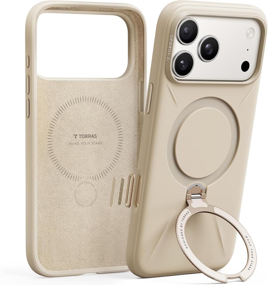 TORRAS Q3 Silicone 360 Spin for iPhone 17 Pro Case with Stand, Fit for MagSafe, Magnetic Ring Kickstand with Camera Control, Liquid Silicone Rubber Soft Phone Case for iPhone 17 Pro 6.3'', Dune Beige