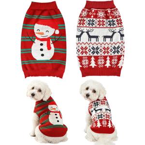2PCS Dog Christmas Sweater, Soft Warm Pet Clothes Coat for Medium Dogs and Cats Boy Girl, Fall Cozy Holiday Turtleneck Knitting Collar Pullover Pup Outfit Costume for Thanksgiving New Year (M, Red Deer+Snowman)