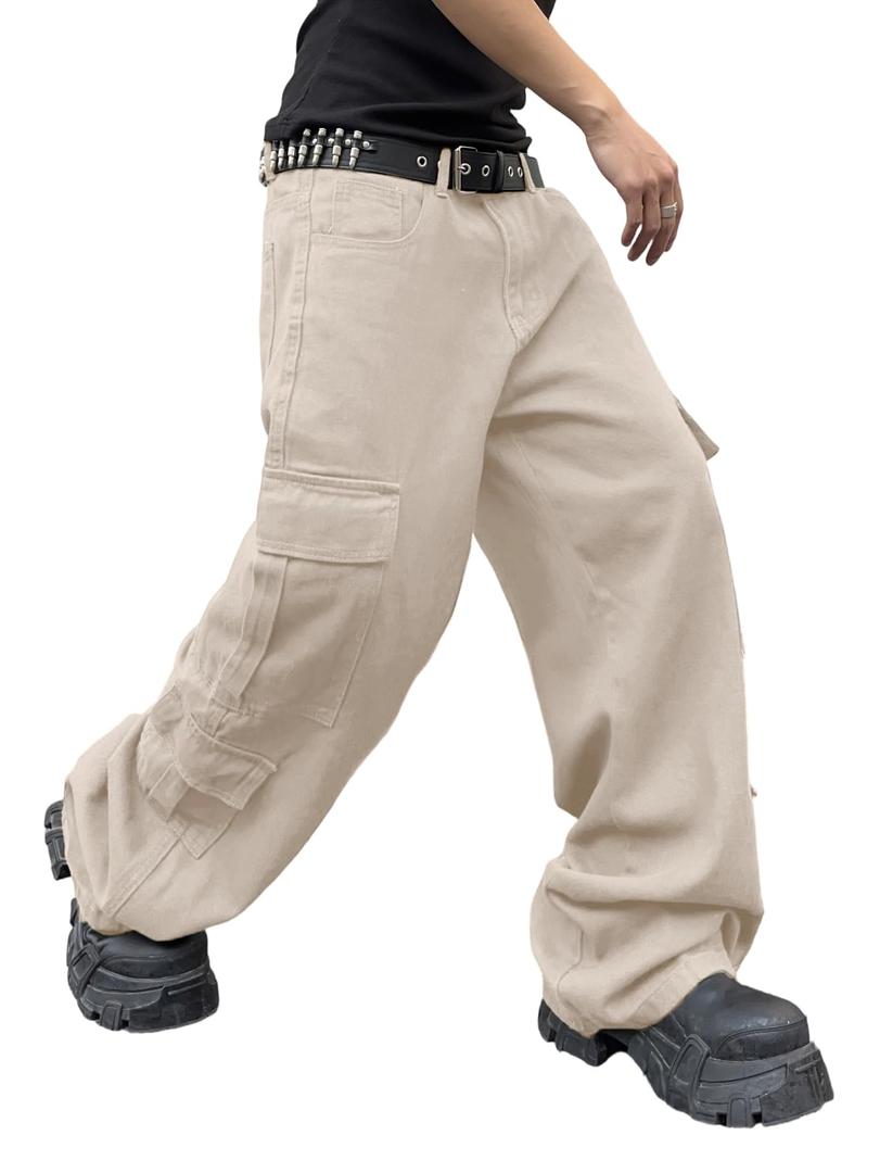 DFGIGT Mens Denim Baggy Pants with Cargo Pockets Mid Weight Casual Streetwear Wide Leg Jeans Hip Hop Skater Trousers Street Wear Jinco Y2k 2000s Straight Relaxed Loose, Beige,Small 