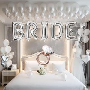 Silver Bridal Shower party decorations with huge 40in silver BRIDE letter Pearl Balloons BRIDE to be Sash Bridal Veil Diamond Ring Heart shape Balloons For Bachelorette party Wedding supplies