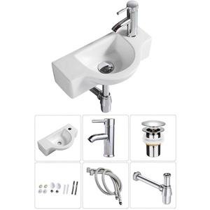 Ceramic Bathroom Sink Combo - White Small Wall Mount Corner Sink Set with Chrome Pop-up Drain