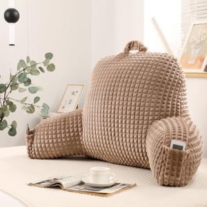 Reading Pillow with Arms for Sitting in Bed, Backrest, Khaki Flannel, M 17" Backrest with Arms Supports Back for College Students, Elbows & Forearms for Dorm Reading, Gaming, Watching TV